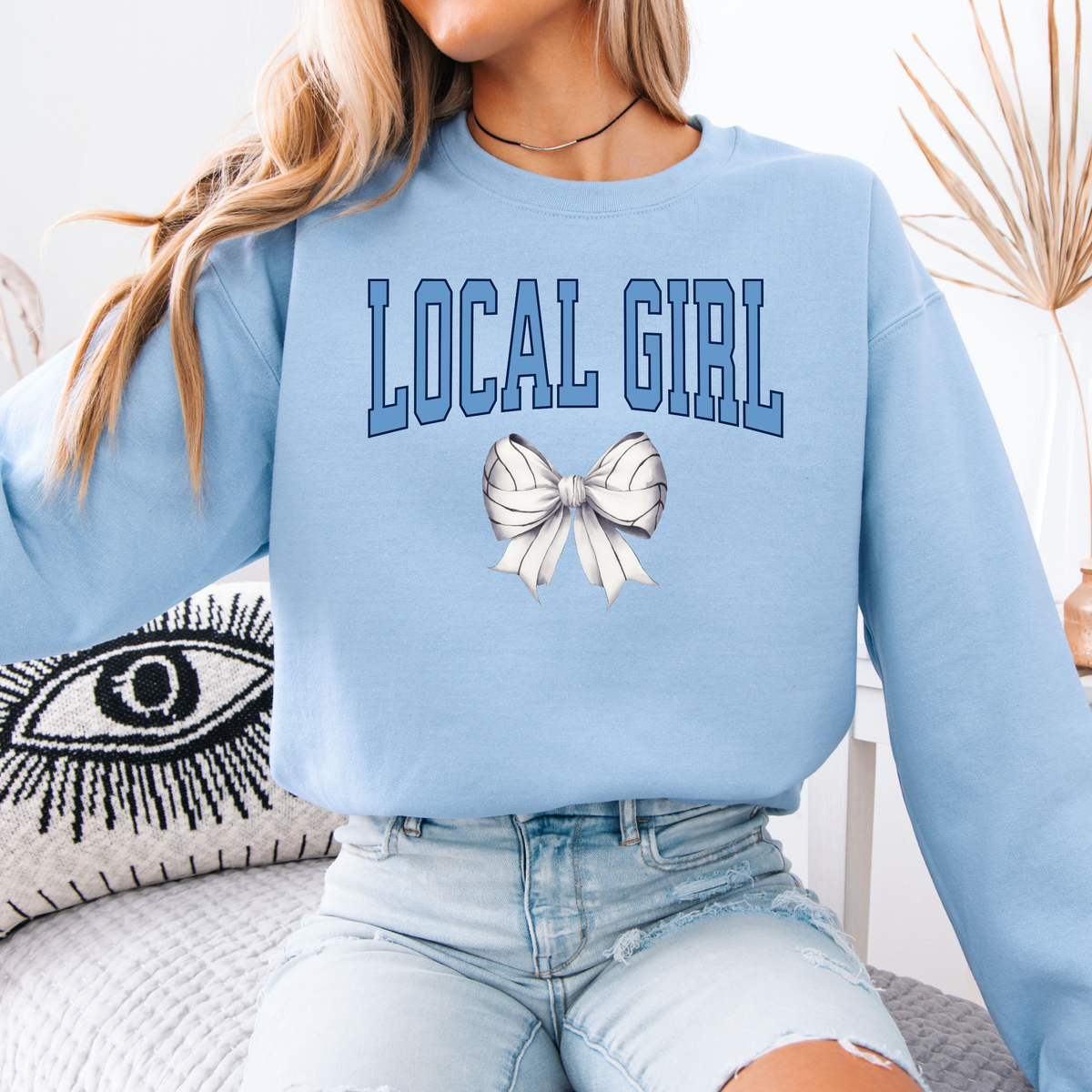 Local Girl Volleyball Block Font & Bow Sweatshirt (Multiple Styles & Colors)